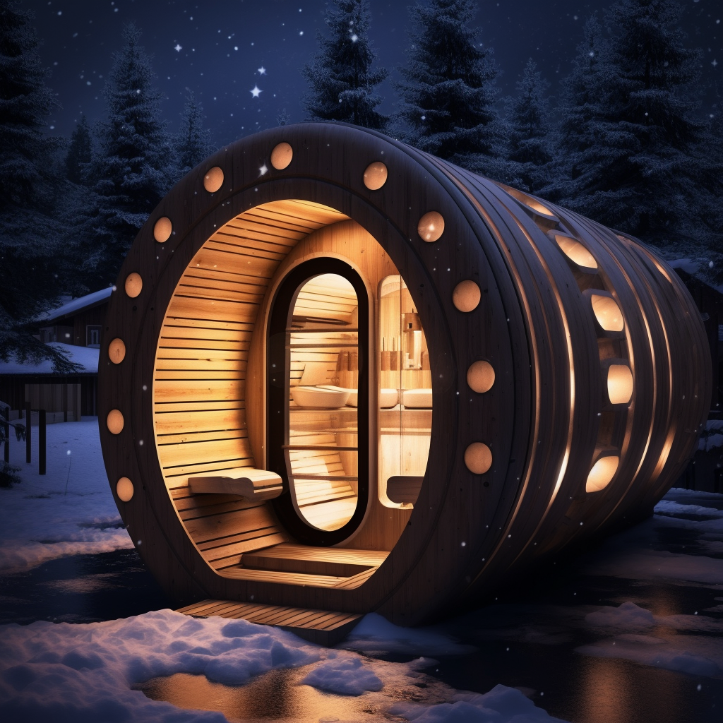 A futuristic sauna in the snow and forest.