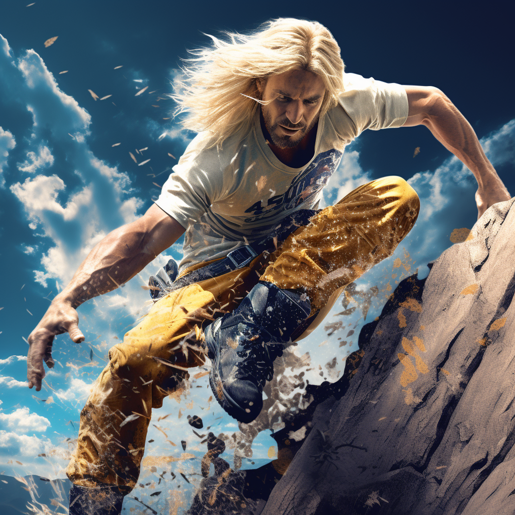 Man with long blonde hair climbing a mountain